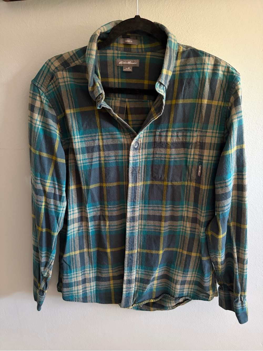 Eddie Bauer Teal, Gray and Yellow Plaid Long-Sleeve Button-Down Shirt